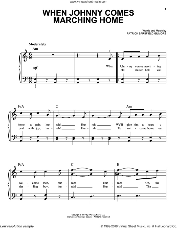 When Johnny Comes Marching Home sheet music for piano solo by Patrick Sarsfield Gilmore, beginner skill level