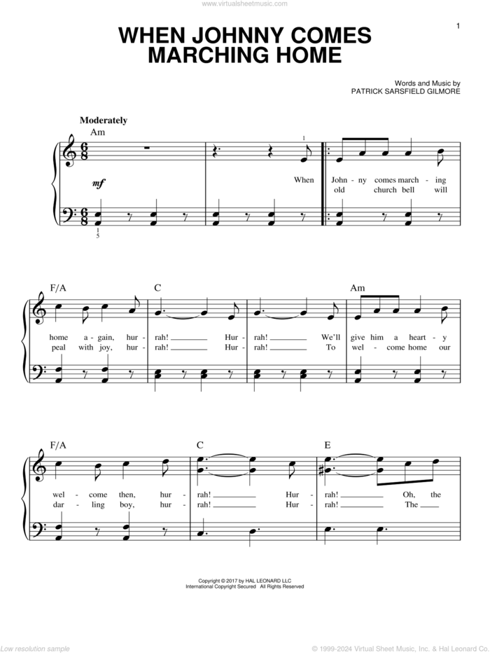 When Johnny Comes Marching Home sheet music for piano solo by Patrick Sarsfield Gilmore, beginner skill level