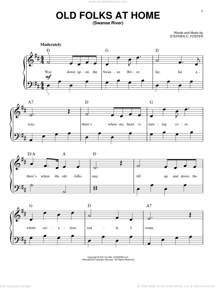 Old Folks At Home (Swanee River) sheet music for piano solo by Stephen Foster, beginner skill level