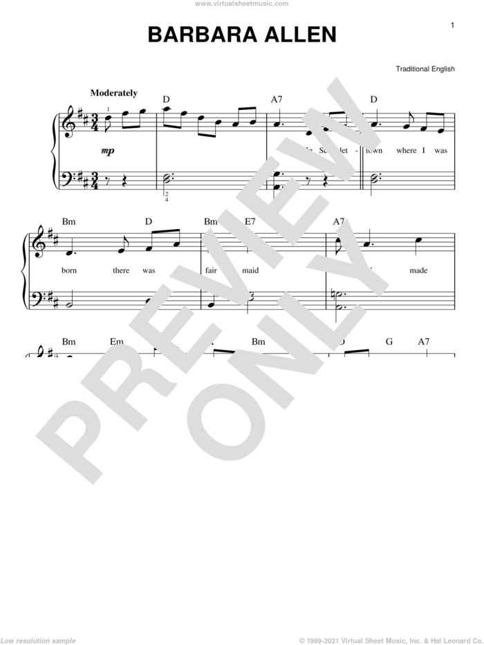Barbara Allen sheet music for piano solo, beginner skill level