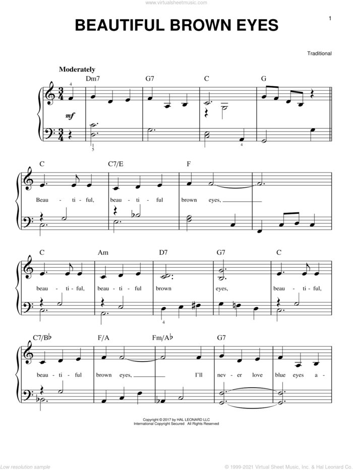 Beautiful Brown Eyes sheet music for piano solo, beginner skill level