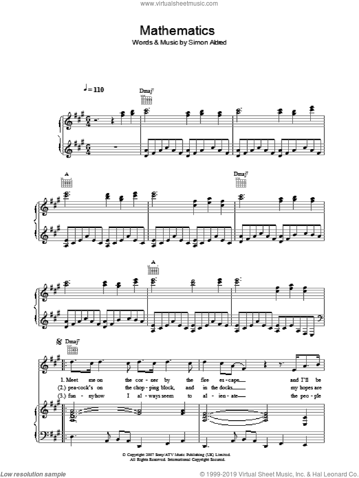 Mathematics sheet music for voice, piano or guitar by Cherry Ghost and Simon Aldred, intermediate skill level