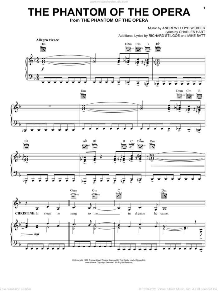 The Phantom Of The Opera sheet music for voice, piano or guitar by Andrew Lloyd Webber, The Phantom Of The Opera (Musical), Charles Hart, Mike Batt and Richard Stilgoe, intermediate skill level