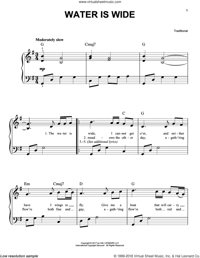 Water Is Wide, (beginner) sheet music for piano solo, beginner skill level