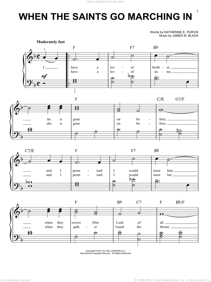 When The Saints Go Marching In sheet music for piano solo by James M. Black and Katherine E. Purvis, beginner skill level