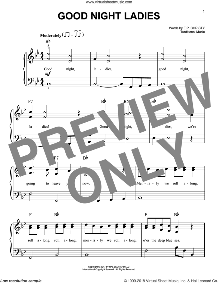 Good Night Ladies sheet music for piano solo by E.P. Christy and Traditional Music, beginner skill level