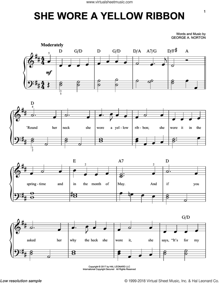 She Wore A Yellow Ribbon sheet music for piano solo by George A. Norton, beginner skill level