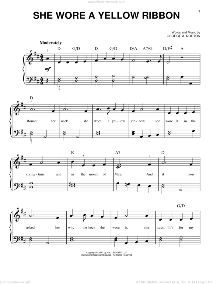 She Wore A Yellow Ribbon sheet music for piano solo by George A. Norton, beginner skill level