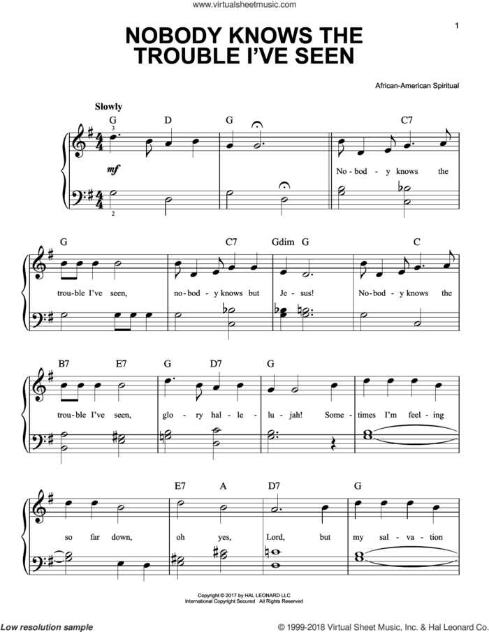 Nobody Knows The Trouble I've Seen sheet music for piano solo, beginner skill level