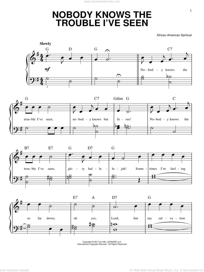 Nobody Knows The Trouble I've Seen sheet music for piano solo, beginner skill level