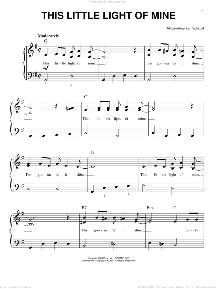 This Little Light Of Mine, (beginner) sheet music for piano solo, beginner skill level
