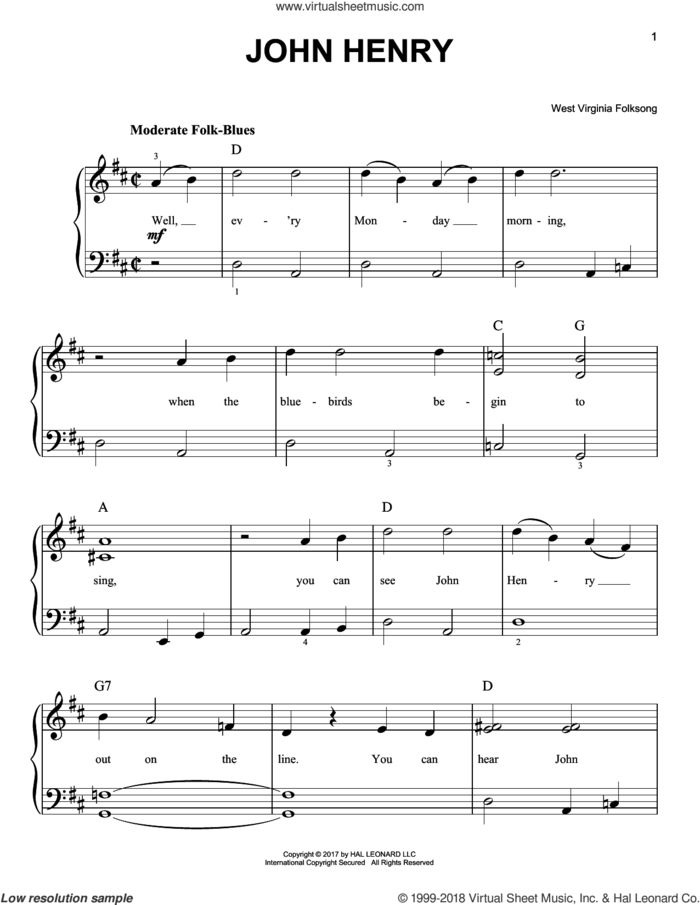 John Henry sheet music for piano solo by West Virginia Folksong, beginner skill level