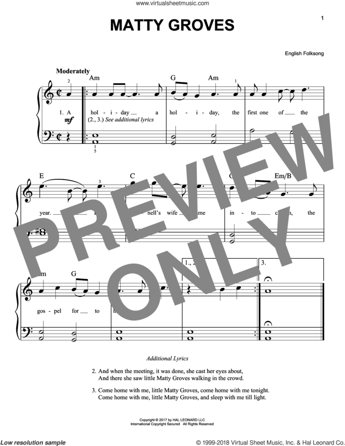 Matty Groves sheet music for piano solo, beginner skill level