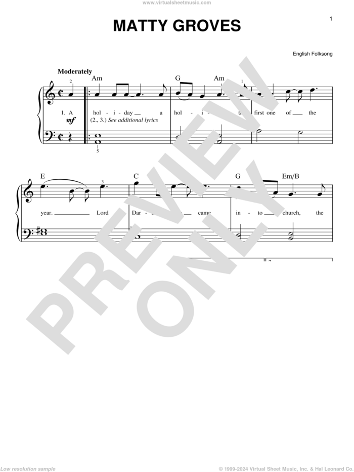 Matty Groves sheet music for piano solo, beginner skill level