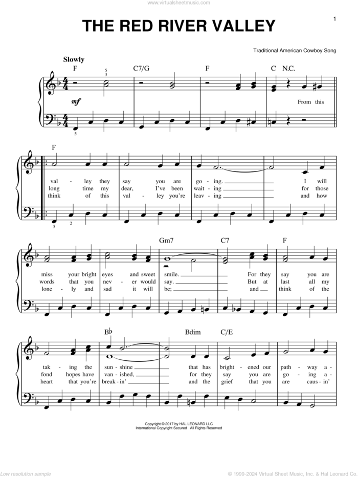 The Red River Valley sheet music for piano solo by Traditional American Cowboy So, beginner skill level