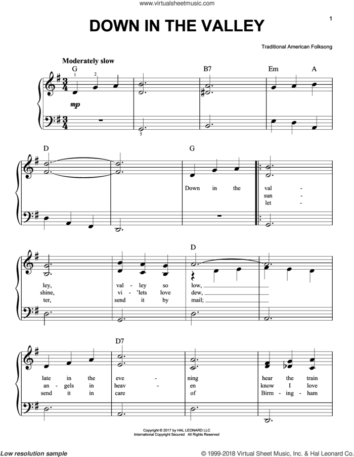 Down In The Valley, (beginner) sheet music for piano solo, beginner skill level