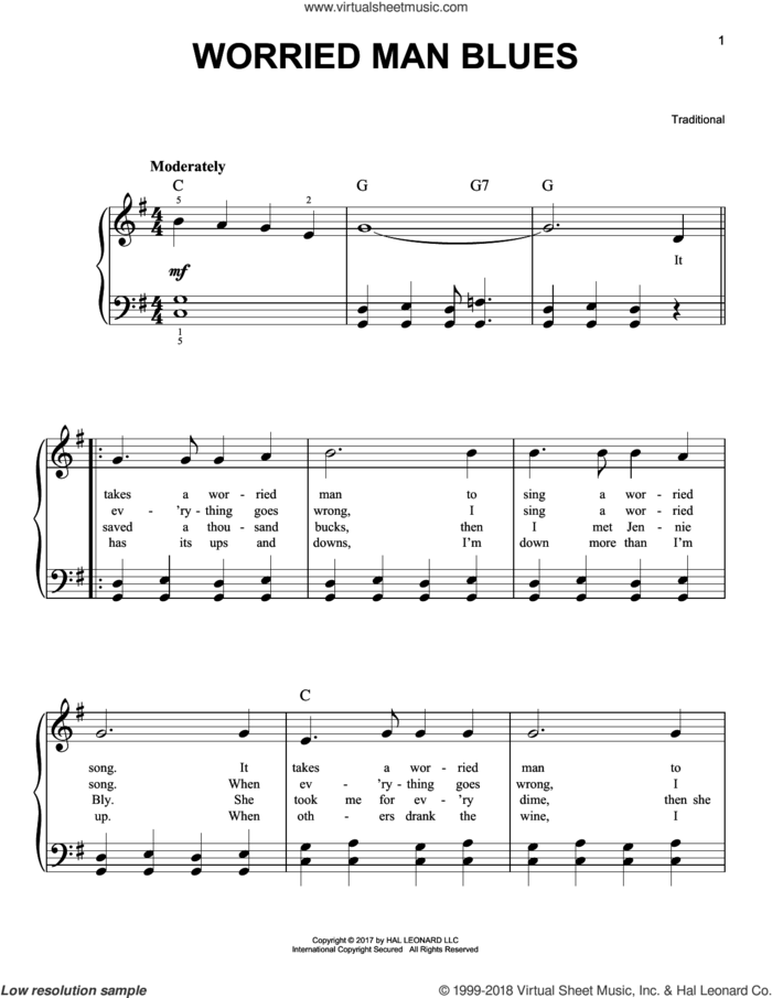 Worried Man Blues sheet music for piano solo, beginner skill level