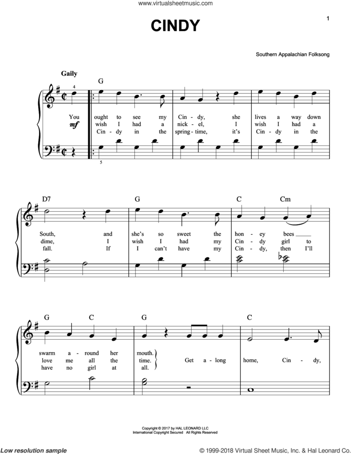 Cindy sheet music for piano solo by Southern Appalachian Folksong, beginner skill level
