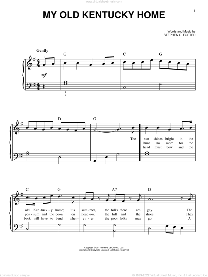 My Old Kentucky Home sheet music for piano solo by Stephen Foster, beginner skill level