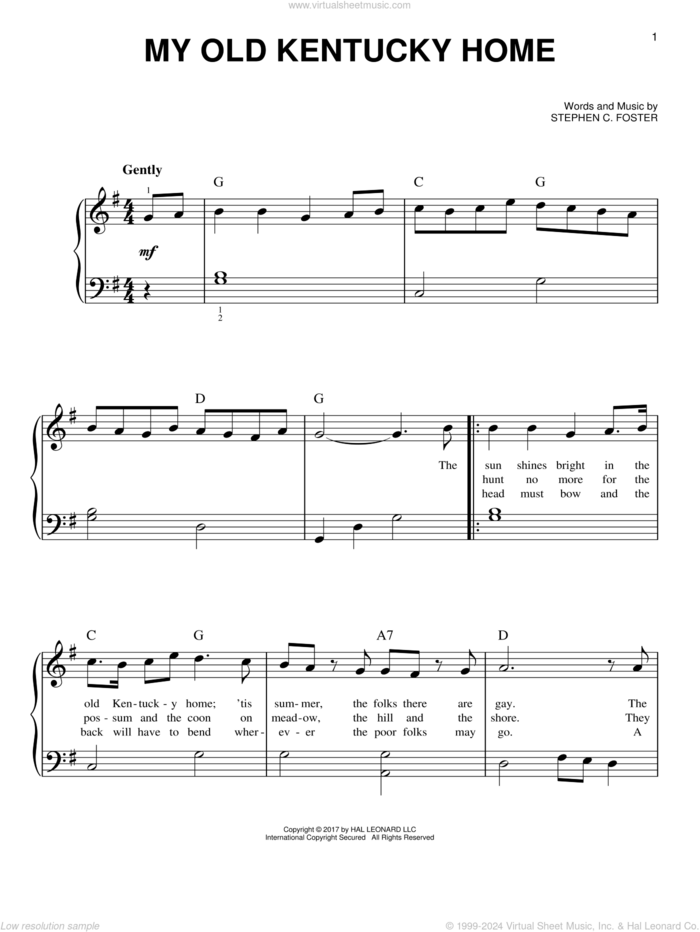 My Old Kentucky Home sheet music for piano solo by Stephen Foster, beginner skill level