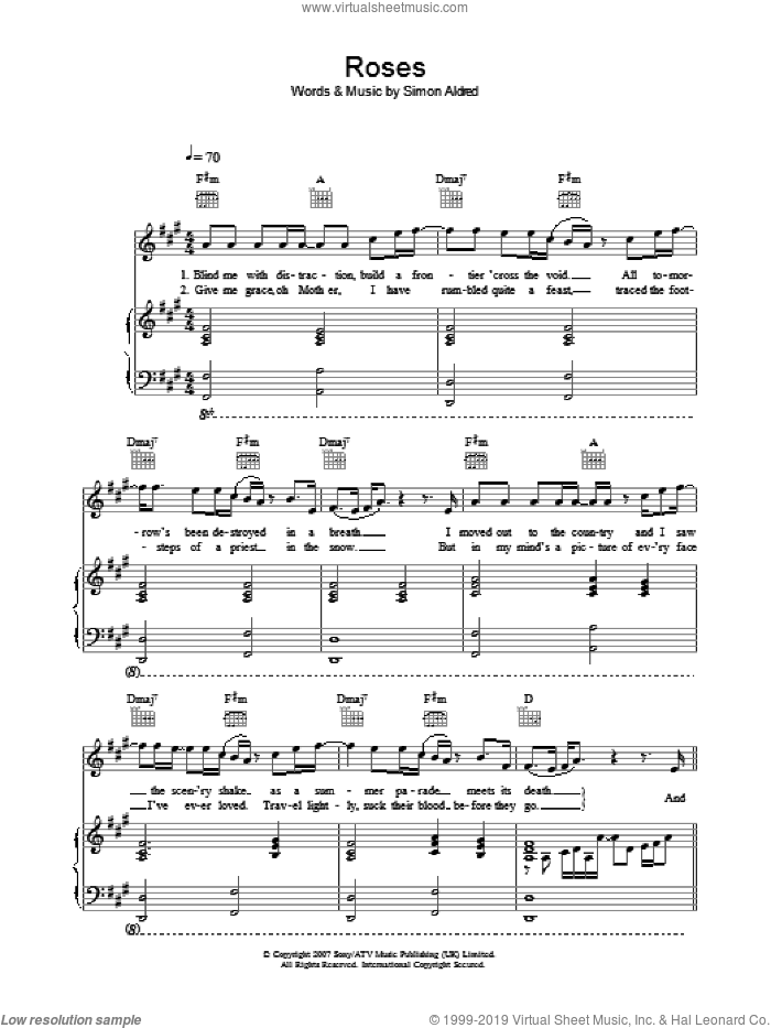 Roses sheet music for voice, piano or guitar by Cherry Ghost and Simon Aldred, intermediate skill level