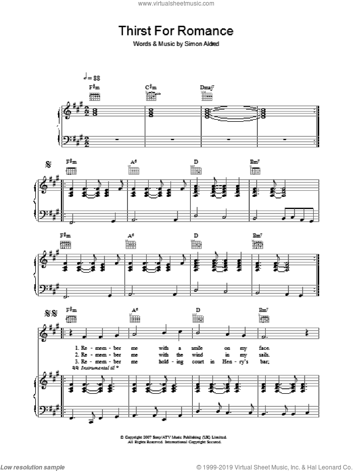 Thirst For Romance sheet music for voice, piano or guitar by Cherry Ghost and Simon Aldred, intermediate skill level