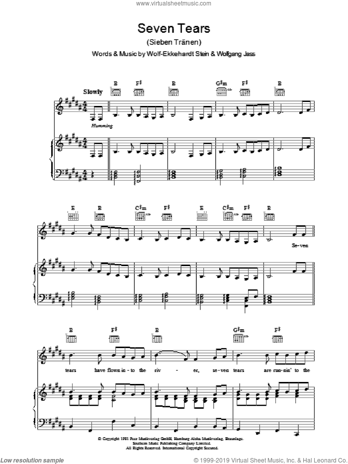 Seven Tears sheet music for voice, piano or guitar by Goombay Dance Band, Wolff-Ekkehardt Stein and Wolfgang Jass, intermediate skill level