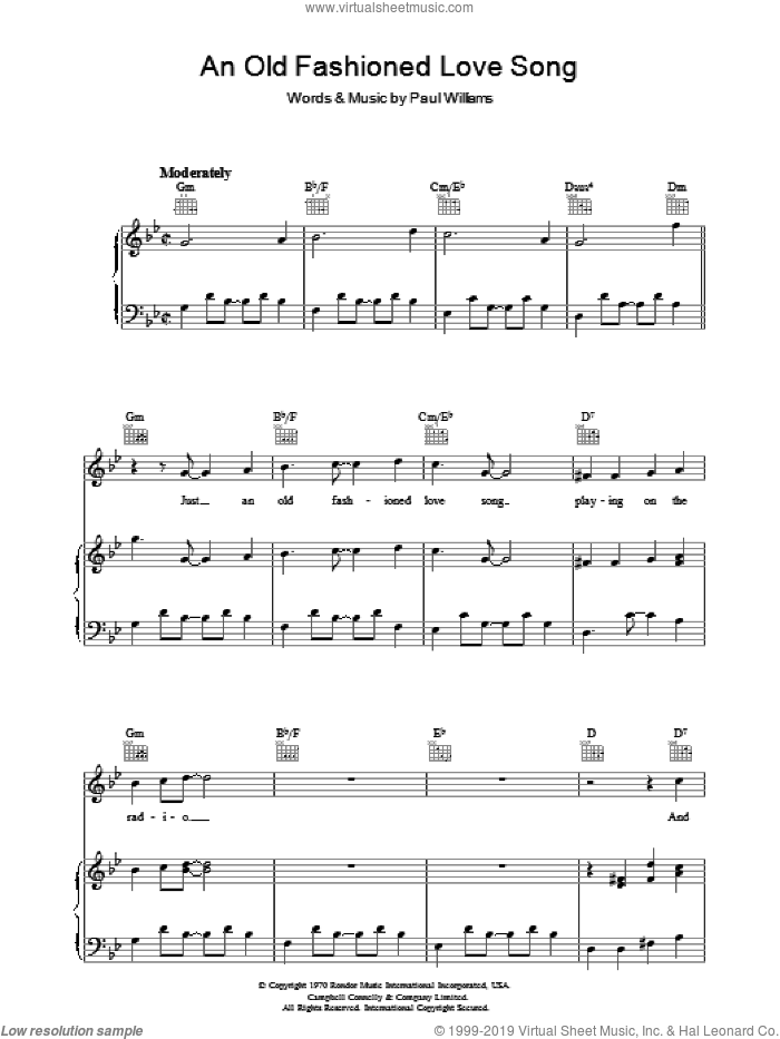 An Old Fashioned Love Song sheet music for voice, piano or guitar by Three Dog Night and Paul Williams, intermediate skill level