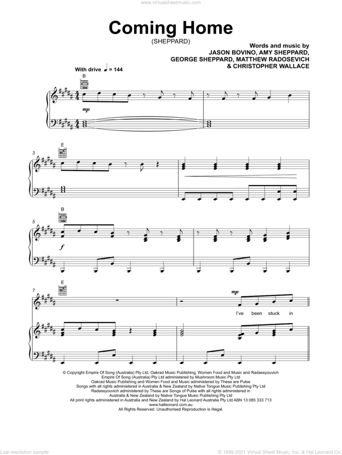Coming Home sheet music for voice, piano or guitar by Sheppard, Amy Sheppard, Christopher Wallace, George Sheppard, Jason Bovino and Matthew Radosevich, intermediate skill level