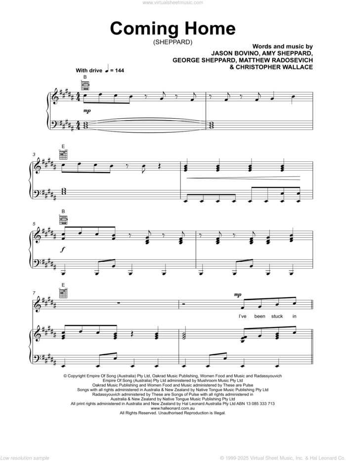 Coming Home sheet music for voice, piano or guitar by Sheppard, Amy Sheppard, Christopher Wallace, George Sheppard, Jason Bovino and Matthew Radosevich, intermediate skill level