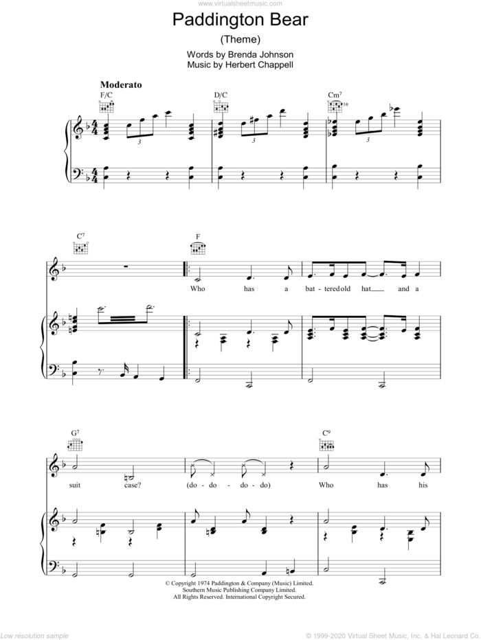 Paddington Bear sheet music for voice, piano or guitar by Bernard Cribbins, Herbert Chappell and Brenda Johnson, intermediate skill level