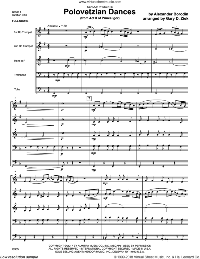 Polovetzian Dances (from Act II of Prince Igor) (COMPLETE) sheet music for brass quintet by Alexander Borodin and Gary D. Ziek, classical score, intermediate skill level