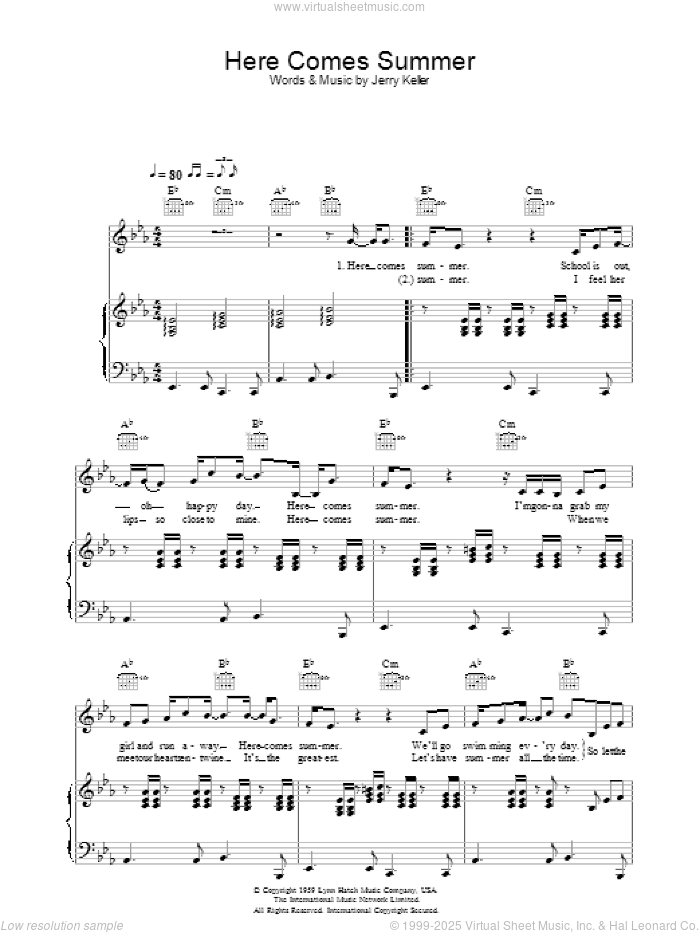 Here Comes Summer sheet music for voice, piano or guitar by Jerry Keller, intermediate skill level
