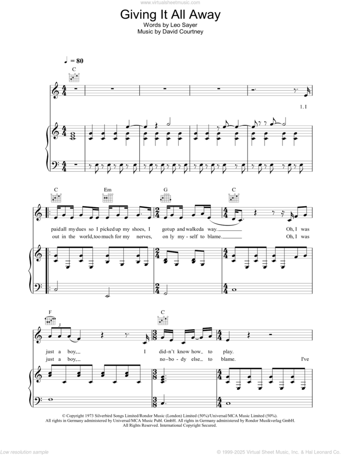 Giving It All Away sheet music for voice, piano or guitar by Roger Daltrey, David Courtney and Leo Sayer, intermediate skill level