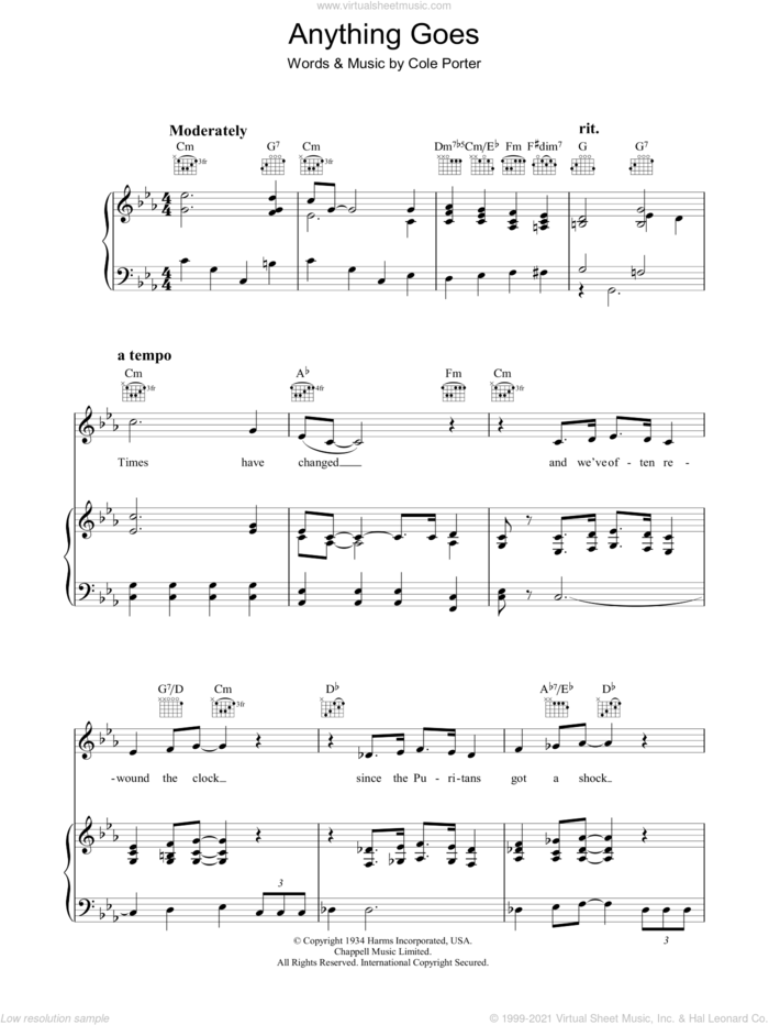 Anything Goes sheet music for voice, piano or guitar by Cole Porter, intermediate skill level