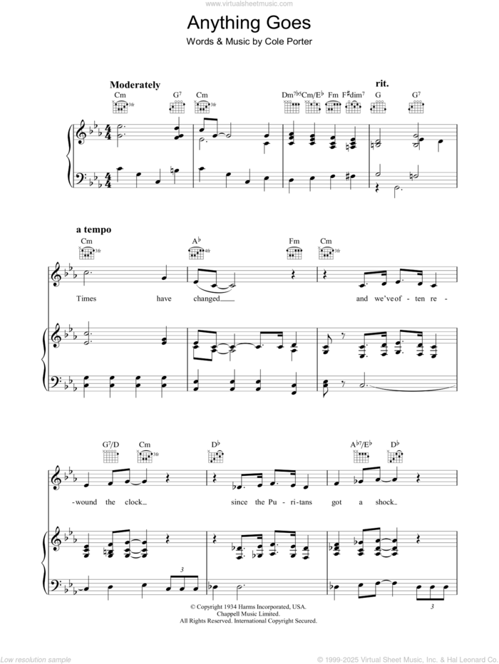 Anything Goes sheet music for voice, piano or guitar by Cole Porter, intermediate skill level