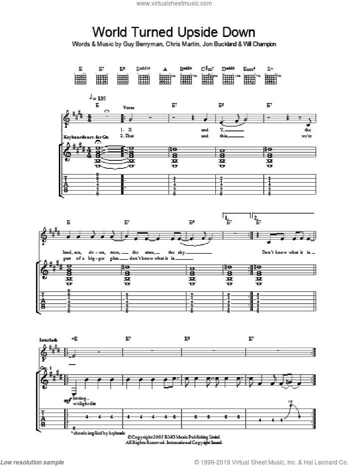 The World Turned Upside Down sheet music for guitar (tablature) by Coldplay, Chris Martin, Guy Berryman, Jon Buckland and Will Champion, intermediate skill level