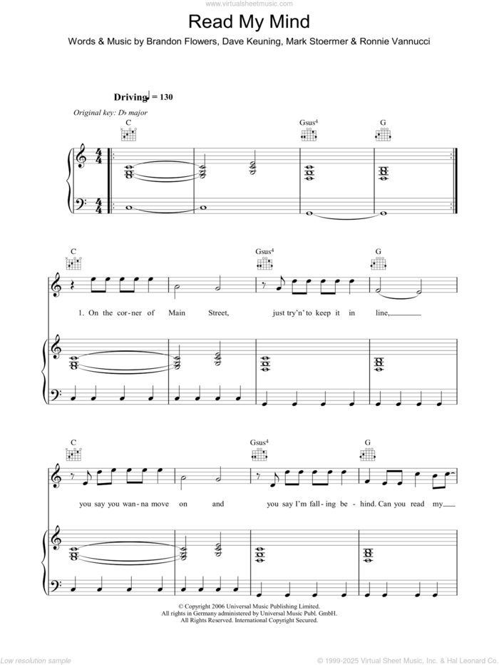 Read My Mind sheet music for voice, piano or guitar by The Killers, Brandon Flowers, Dave Keuning, Mark Stoermer and Ronnie Vannucci, intermediate skill level