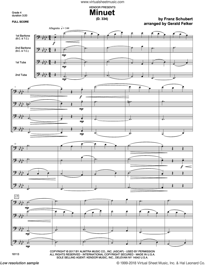 Minuet (D. 334) (COMPLETE) sheet music for baritone and tuba ensemble by Franz Schubert and Gerald Felker, classical score, intermediate skill level