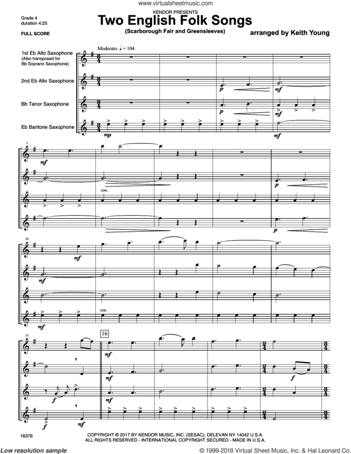 Two English Folk Songs (Scarborough Fair and Greensleeves) (COMPLETE) sheet music for saxophone quartet by Keith Young and Miscellaneous, intermediate skill level