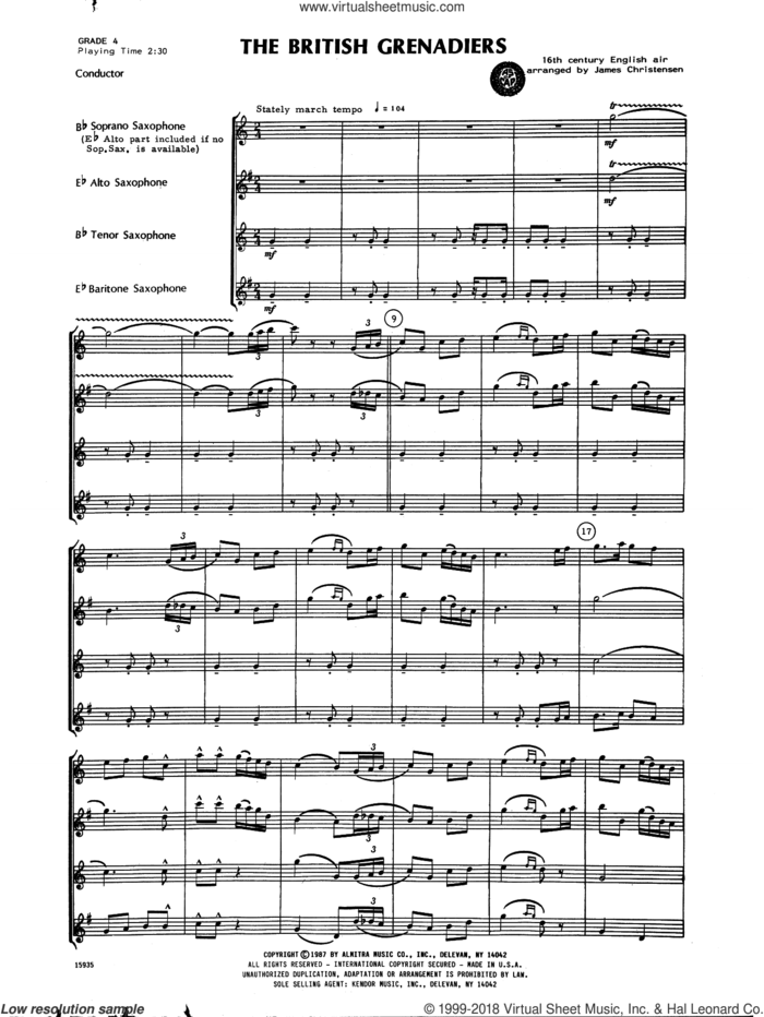 The British Grenadiers (COMPLETE) sheet music for saxophone quartet by James Christensen and Miscellaneous, intermediate skill level