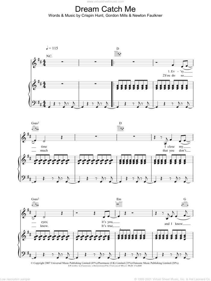 Dream Catch Me sheet music for voice, piano or guitar by Newton Faulkner, Crispin Hunt and Gordon Mills, intermediate skill level