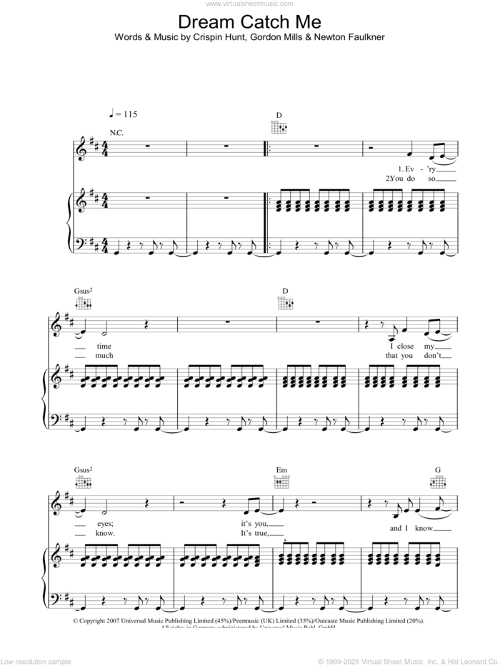 Dream Catch Me sheet music for voice, piano or guitar by Newton Faulkner, Crispin Hunt and Gordon Mills, intermediate skill level