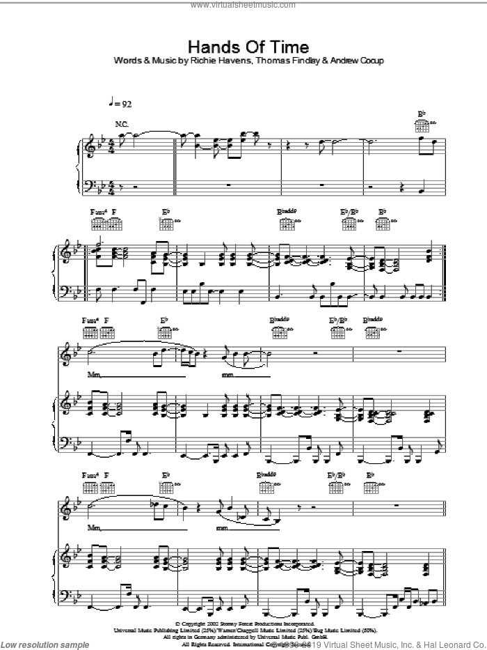 Hands Of Time sheet music for voice, piano or guitar by Groove Armada, Andrew Cocup, Richie Havens and Thomas Findlay, intermediate skill level