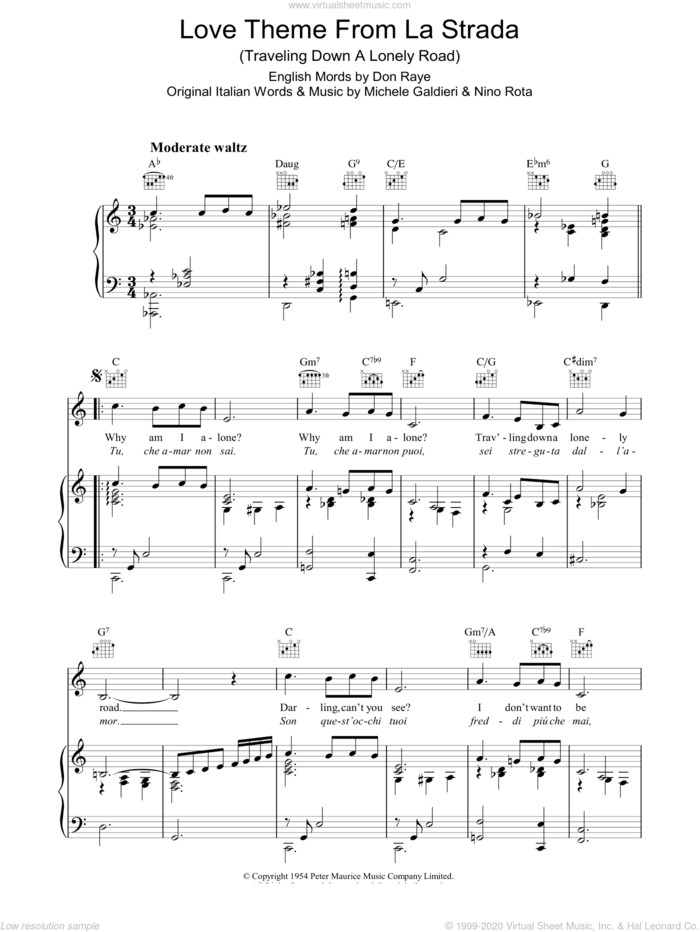 Love Theme (from La Strada) sheet music for voice, piano or guitar by Nino Rota, Don Raye and Michele Galdieri, intermediate skill level