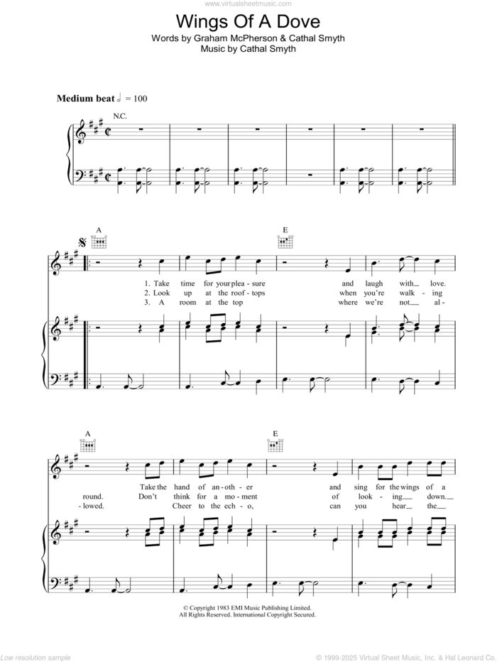 Wings Of A Dove sheet music for voice, piano or guitar by Madness, Cathal Smyth and Graham McPherson, intermediate skill level