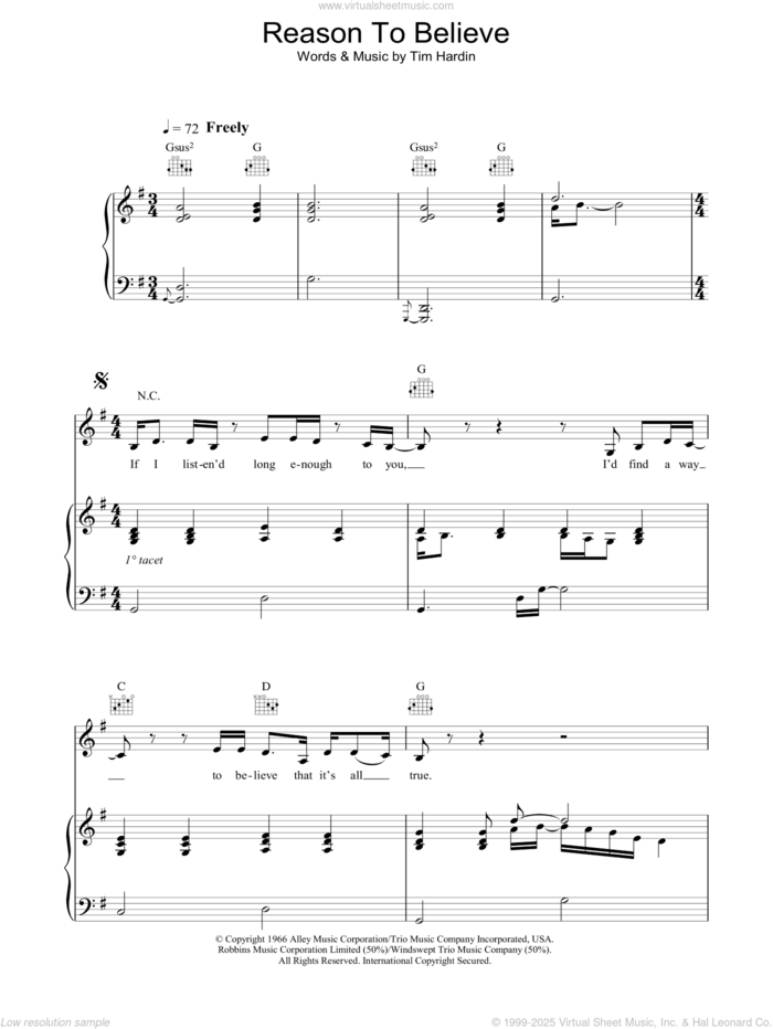 Reason To Believe sheet music for voice, piano or guitar by Rod Stewart and Tim Hardin, intermediate skill level