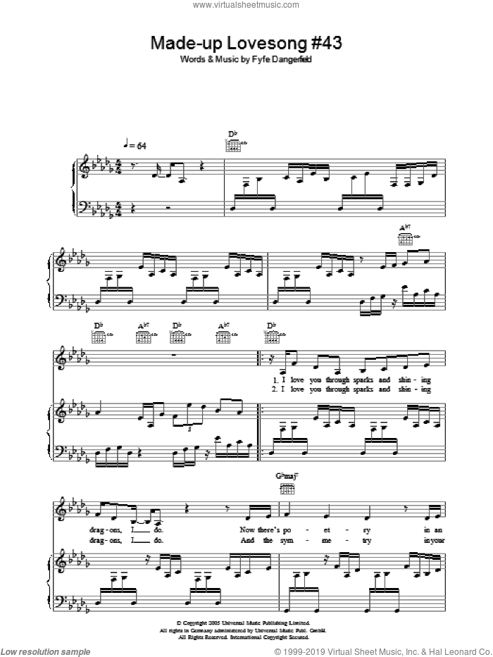 Made Up Love Song #43 sheet music for voice, piano or guitar by Guillemots and Fyfe Dangerfield, intermediate skill level