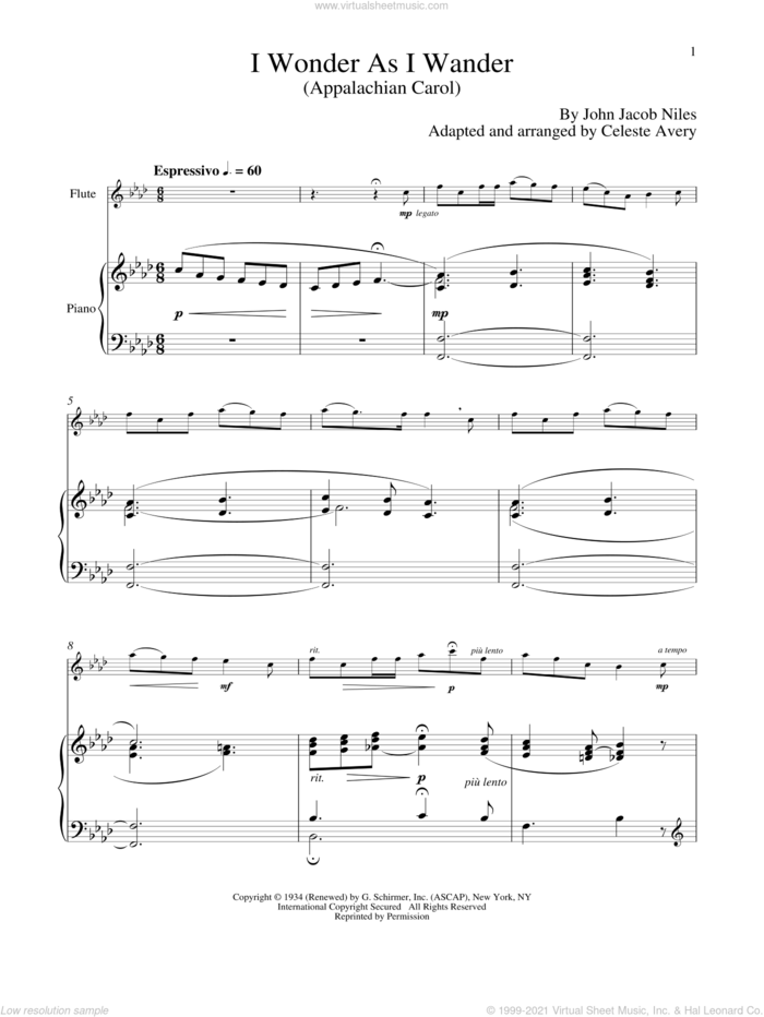 I Wonder As I Wander sheet music for flute and piano by John Jacob Niles, classical score, intermediate skill level