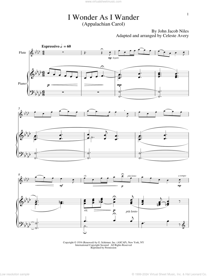 I Wonder As I Wander sheet music for flute and piano by John Jacob Niles, classical score, intermediate skill level